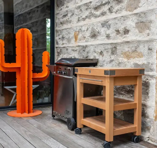 Desserte mis en scène en extérieur avec un barbecue