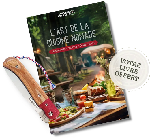 Couverture du livre offert "L'art de la cuisine nomade" avec couteau Esperluète Mini