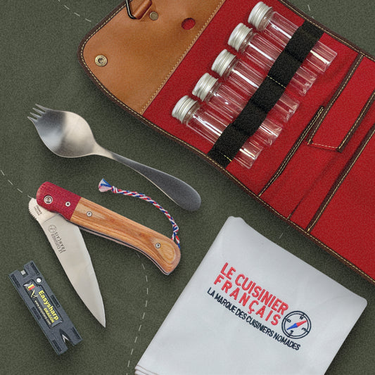 Pack Vanlife format compact complet : Petit kit d'épicerie nomade, couteau pliant Esperluète Mini, couvert Georgette et accessoires pour voyager léger.